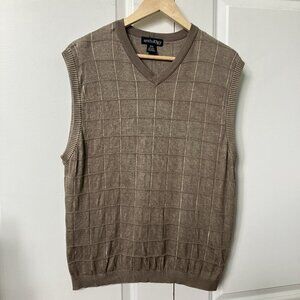 Anthology Silk Sweater Vest Mens XXL Knit Plaid Grid Tan Cotton Blend Neutral